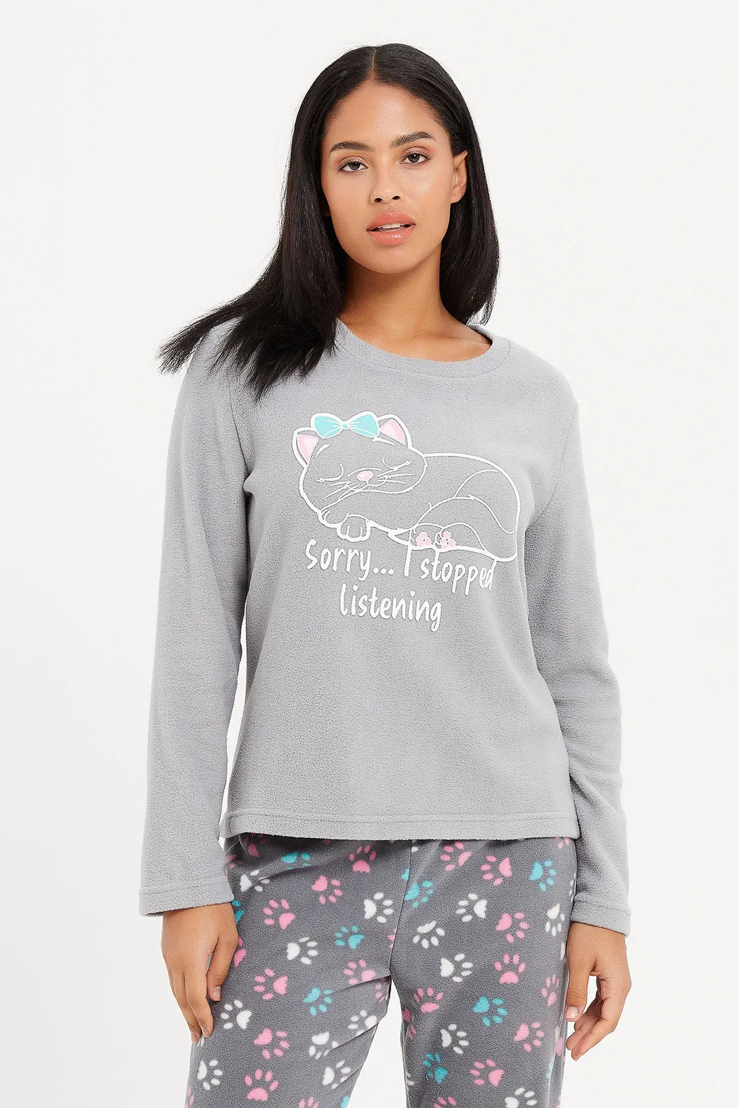 Women Grey Print Pyjama Set (2 Piece)