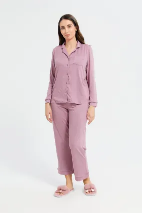 Women Lilac Solid Classic Pajama Set (2 Piece)