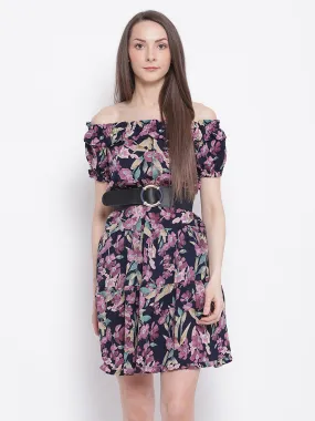 Women Off Shoulder Navy Blue Floral Printed Dress