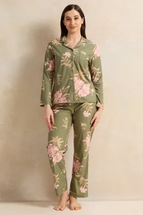 Women Olive Printed Flannel Pajama Set (2 Piece)