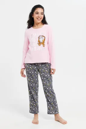 Women Pink And Charcoal Pajama Set (2 Piece)