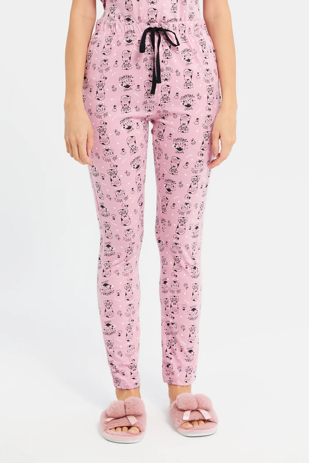 Women Pink Cat Print Pajama Set (2 Piece)