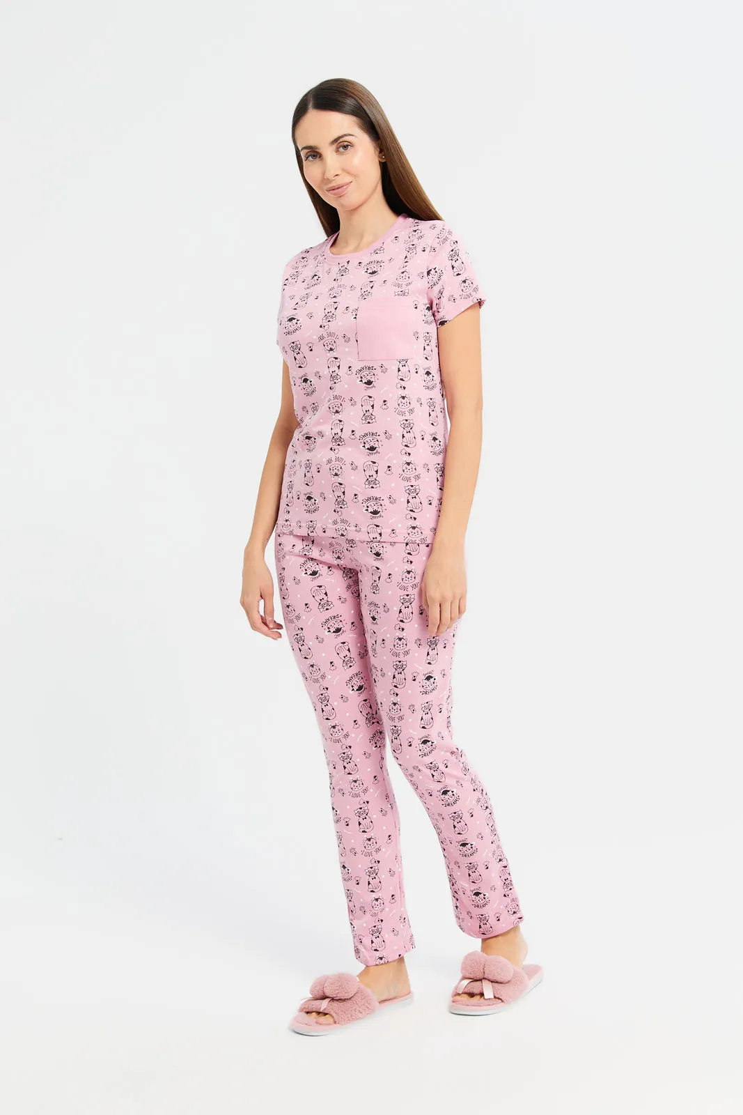 Women Pink Cat Print Pajama Set (2 Piece)