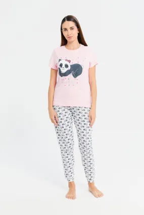 Women Pink Panda Print Pyjama Set (2 Piece)