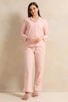 Women Pink Printed Flannel Pajama Set (2 Piece)