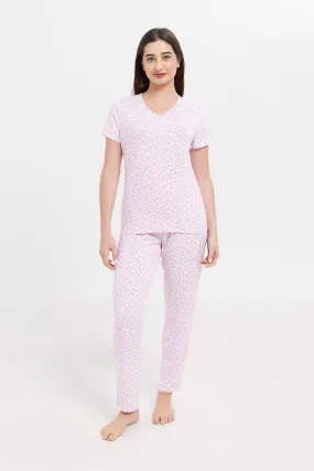 Women Pink Short Sleeves Printed Pyjama Set (2 Piece)