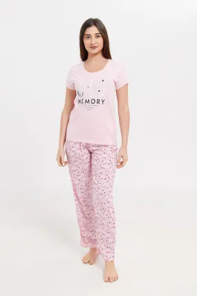 Women Pink Short Sleeves Pyjama Set (2 Piece)