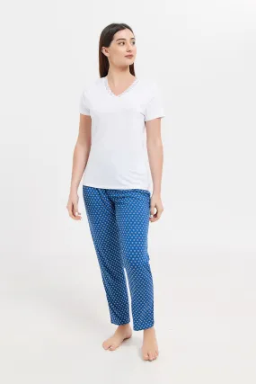 Women White And Blue Short Sleeves Pyjama Set (2Piece)