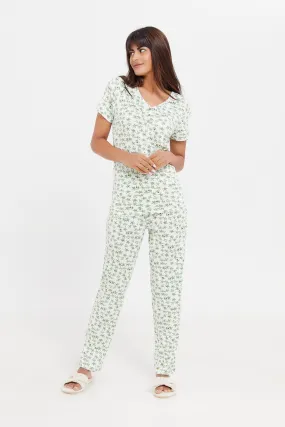 Women White And Mint Printed Pajama Set (2 Piece)