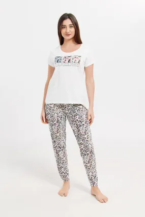 Women White Short Sleeves Printed Pyjama Set (2 Piece)