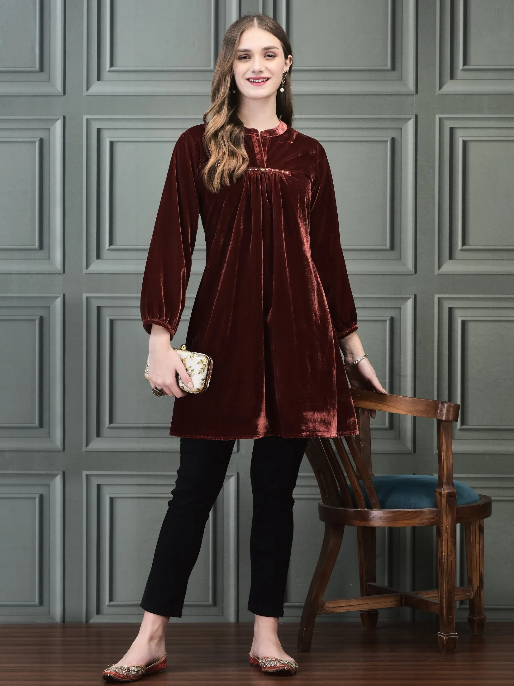 Women Winter Velvet Rust Solid Tunic