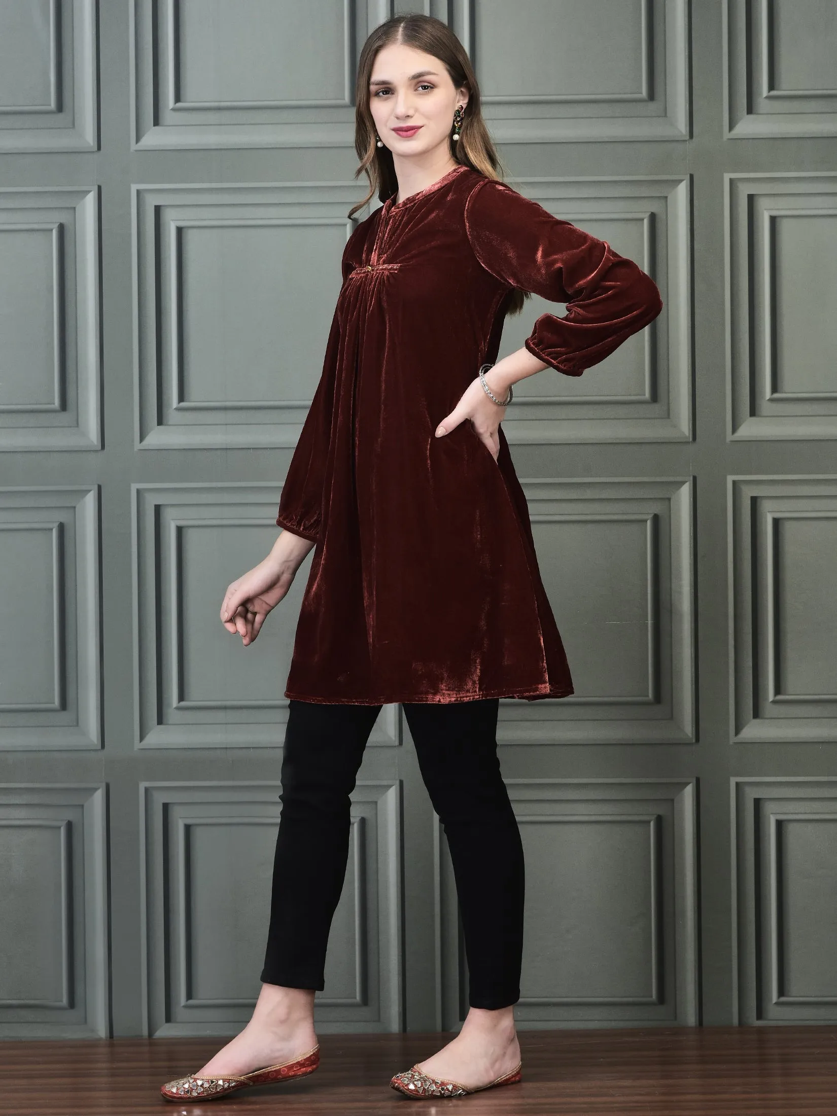 Women Winter Velvet Rust Solid Tunic