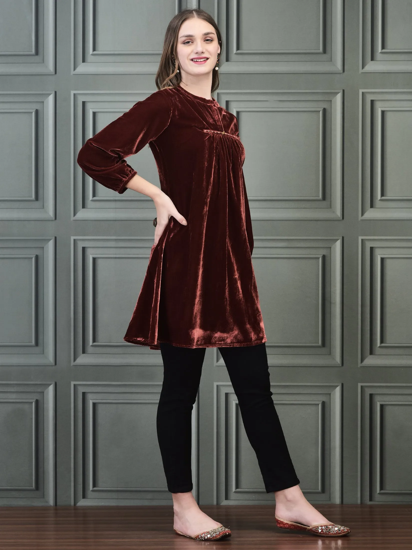 Women Winter Velvet Rust Solid Tunic