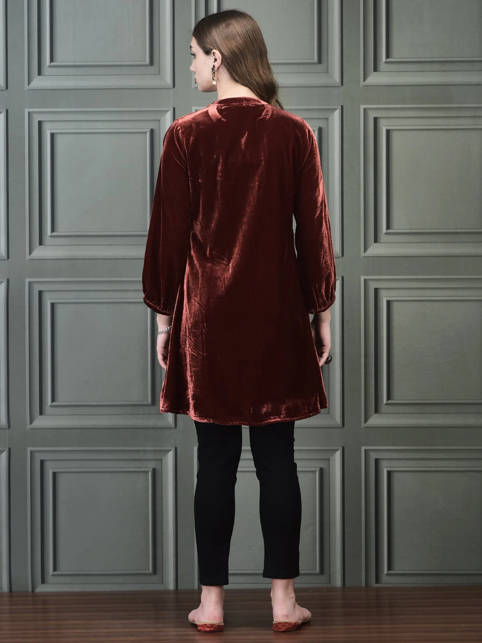 Women Winter Velvet Rust Solid Tunic