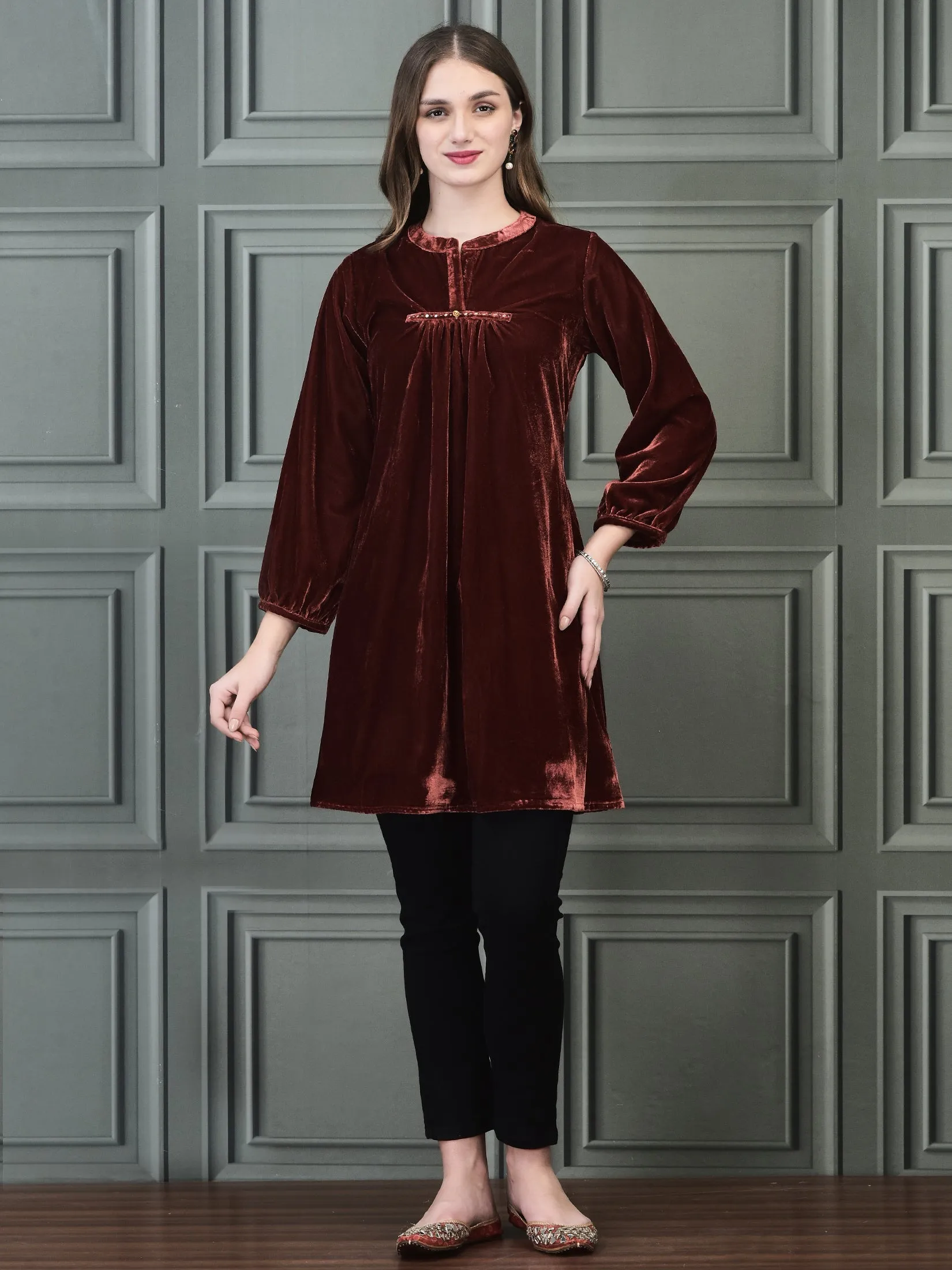 Women Winter Velvet Rust Solid Tunic