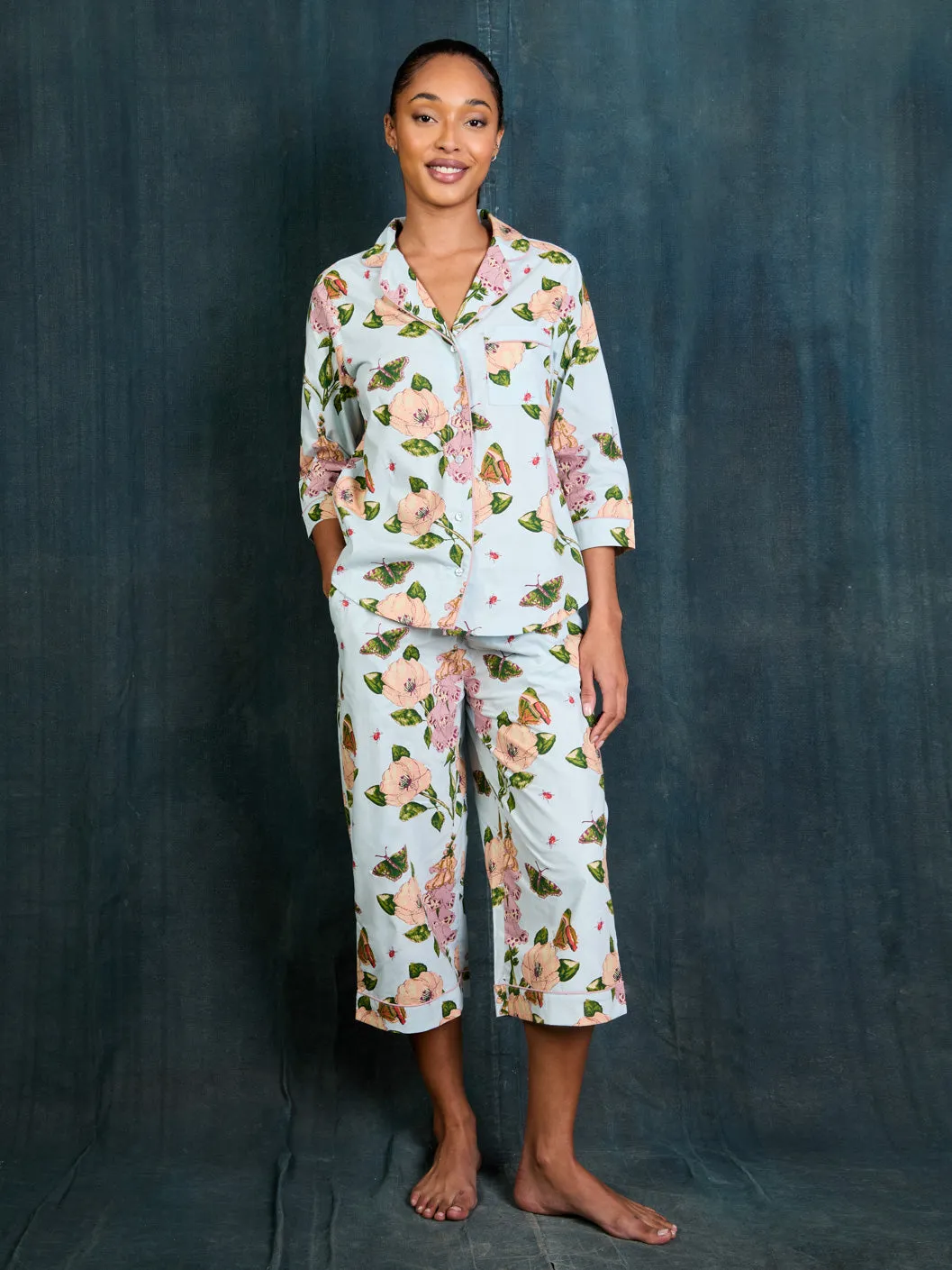 Womens Cotton Long Sleeve Capri Pyjamas Blue Dogwood Rose