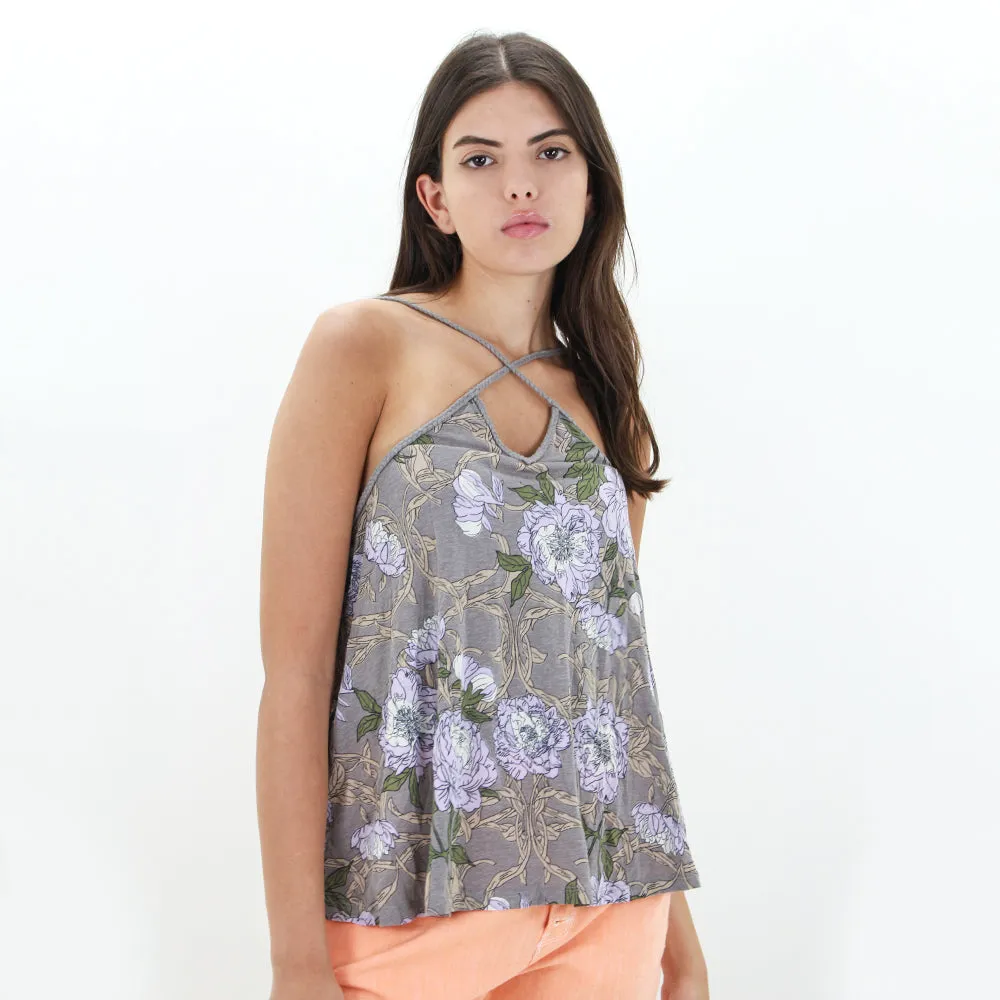 Women's Floral Print Keyhole-Neck Top,Grey