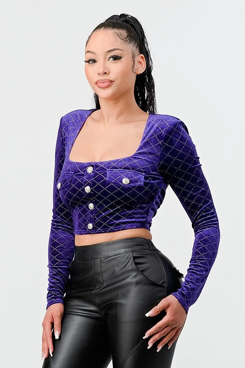 Women's Lux Diamon Velvet Buttons Open Back Square Neck Long Sleeves Cropped Top