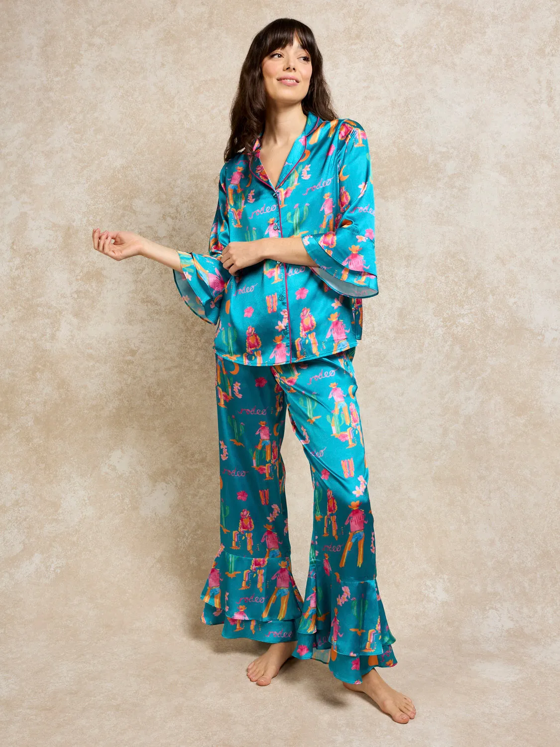 Womens Satin Fluted Pyjamas Neon Cowboy