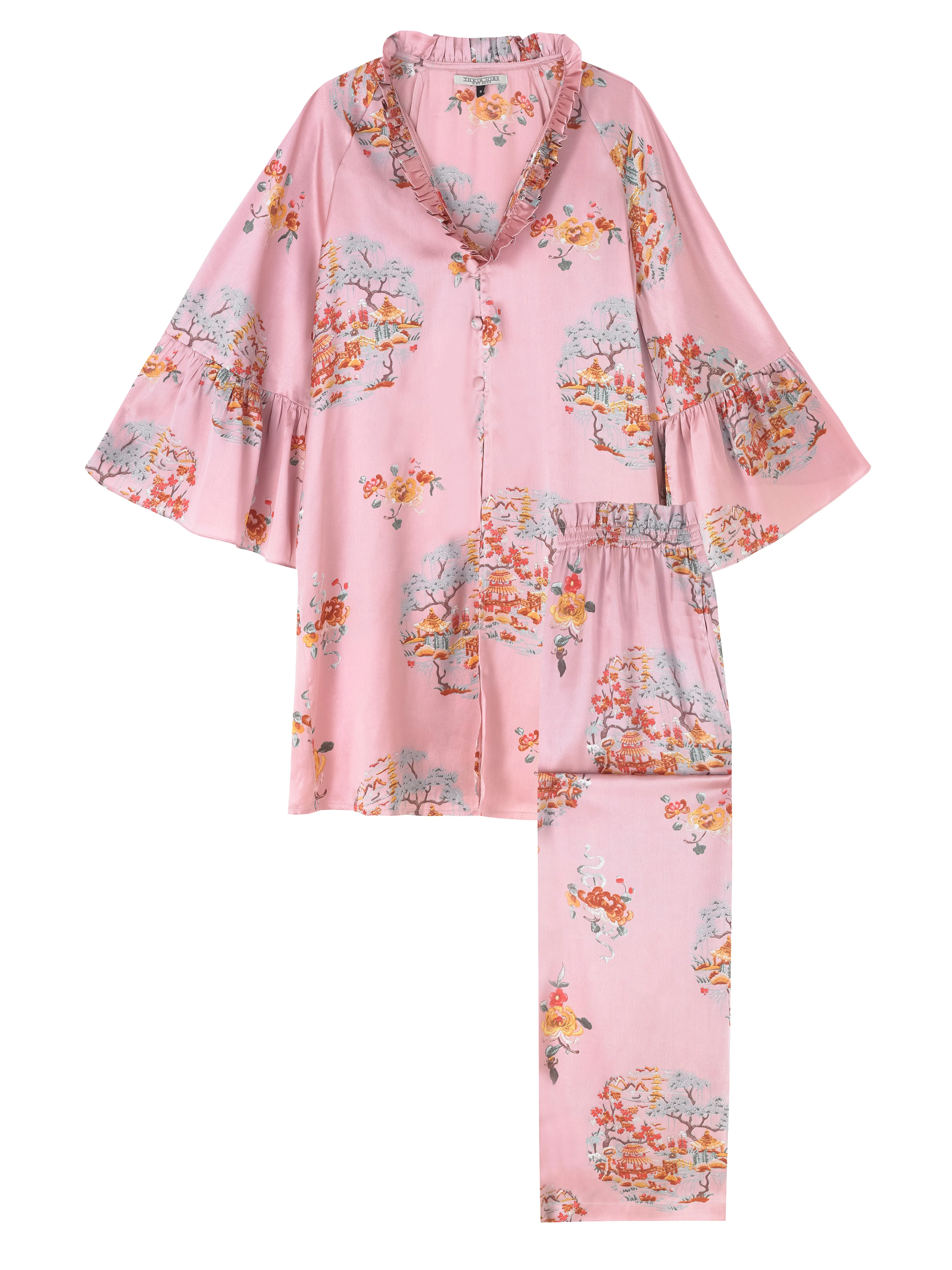 Womens Satin Fluted Sleeve Fashion Pyjama Peace Garden