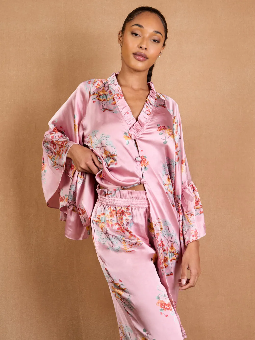 Womens Satin Fluted Sleeve Fashion Pyjama Peace Garden