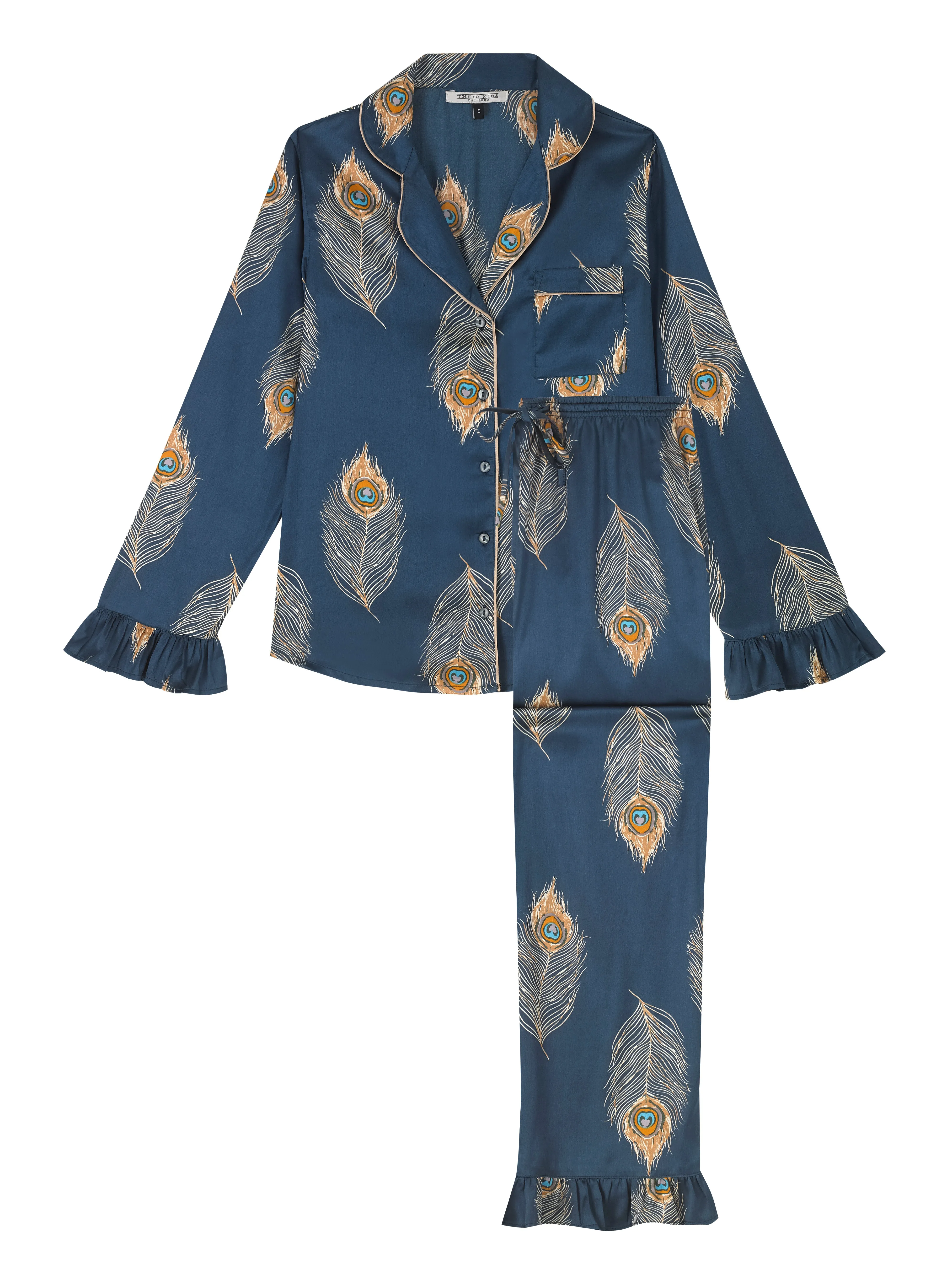 Womens Satin Frill Pyjamas Navy Gold Peacock Feather