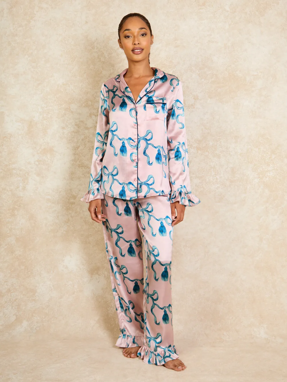 Womens Satin Frill Pyjamas Pink Blue Ribbons