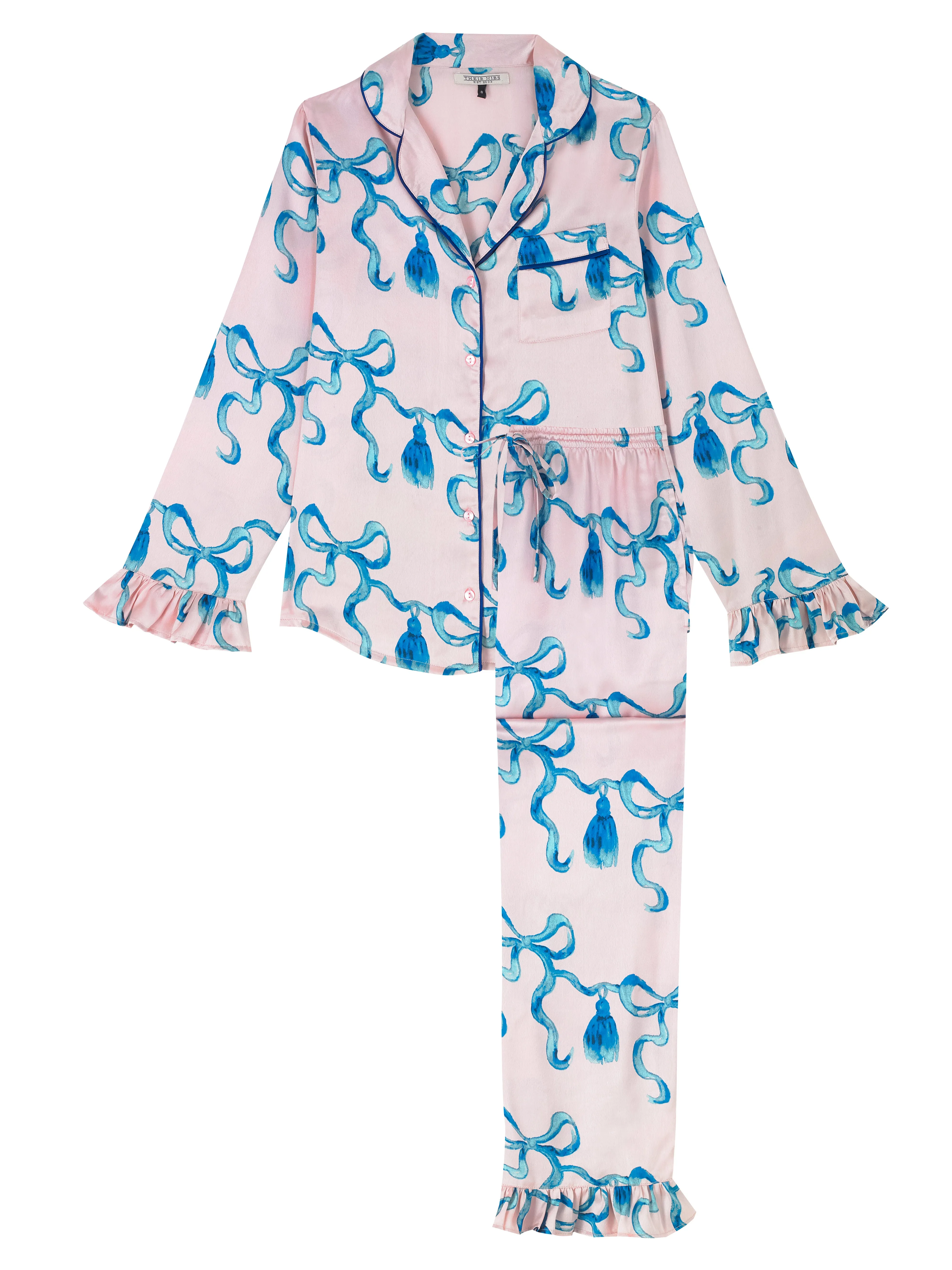 Womens Satin Frill Pyjamas Pink Blue Ribbons