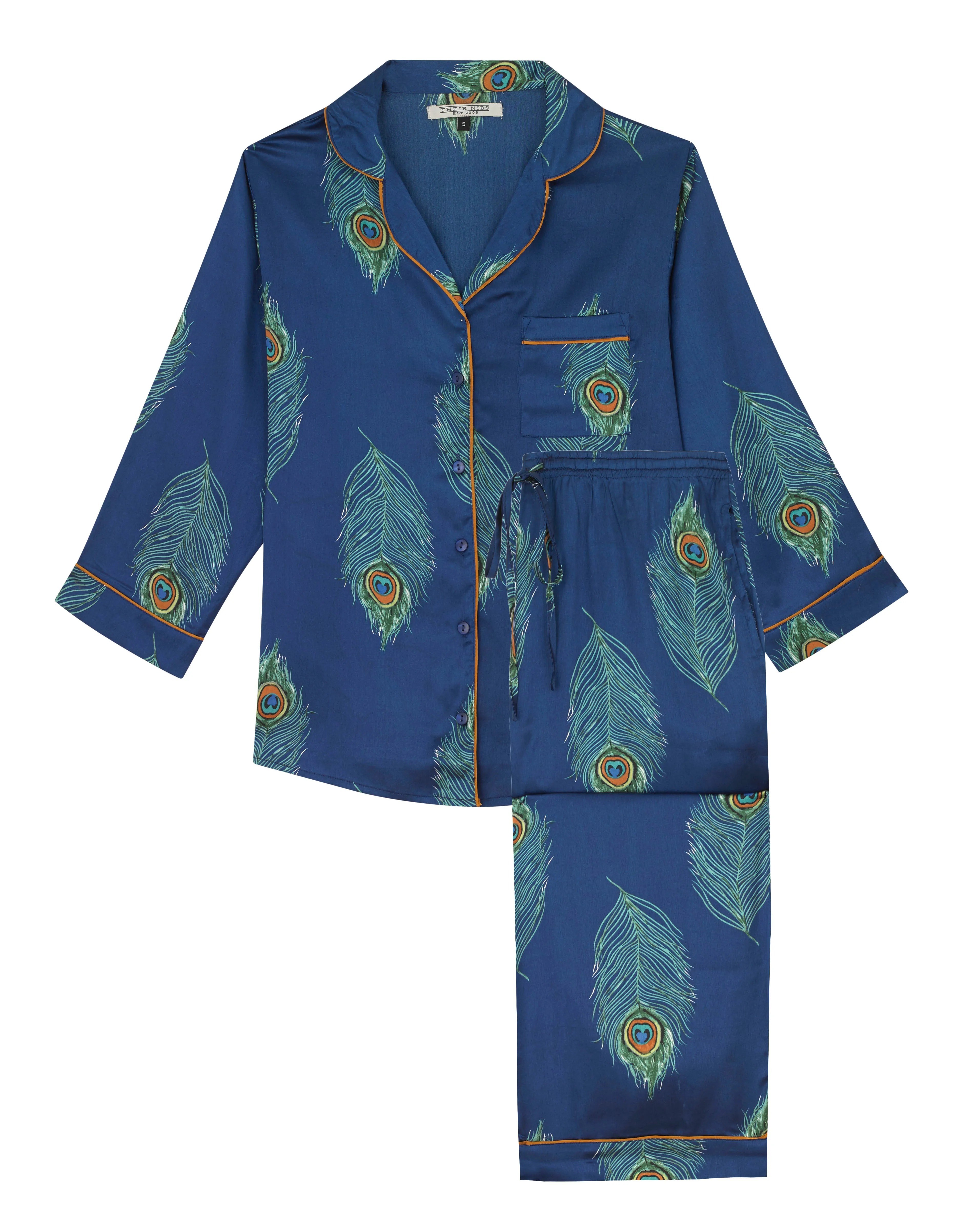 Womens Satin Long Sleeve Capri Pyjamas Navy Blue Peacock Feather