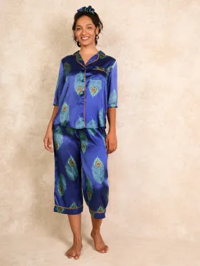 Womens Satin Long Sleeve Capri Pyjamas Navy Blue Peacock Feather