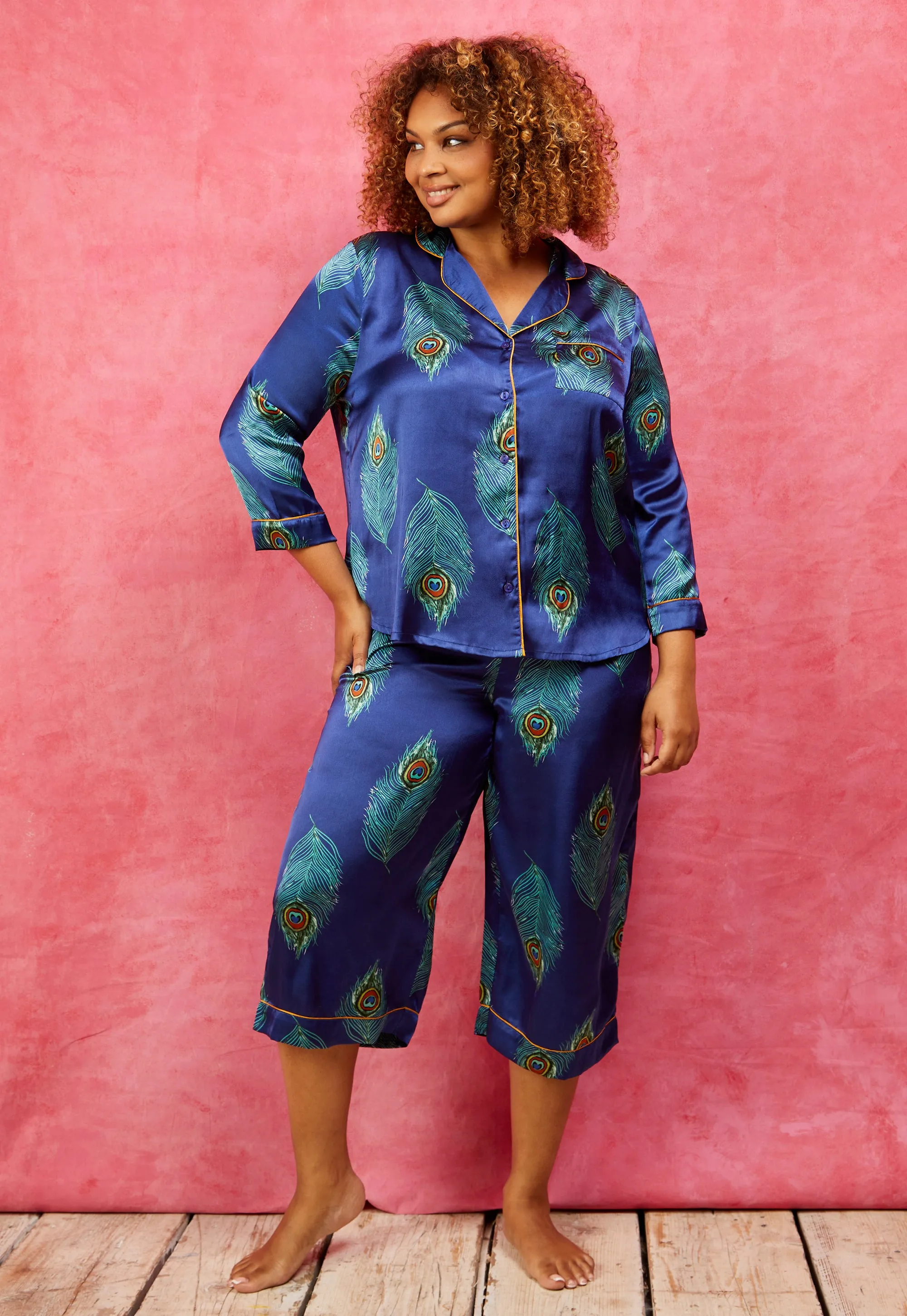 Womens Satin Long Sleeve Capri Pyjamas Navy Blue Peacock Feather