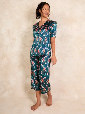 Womens Satin Puff Sleeve Frill Capri Pyjamas Flamingo