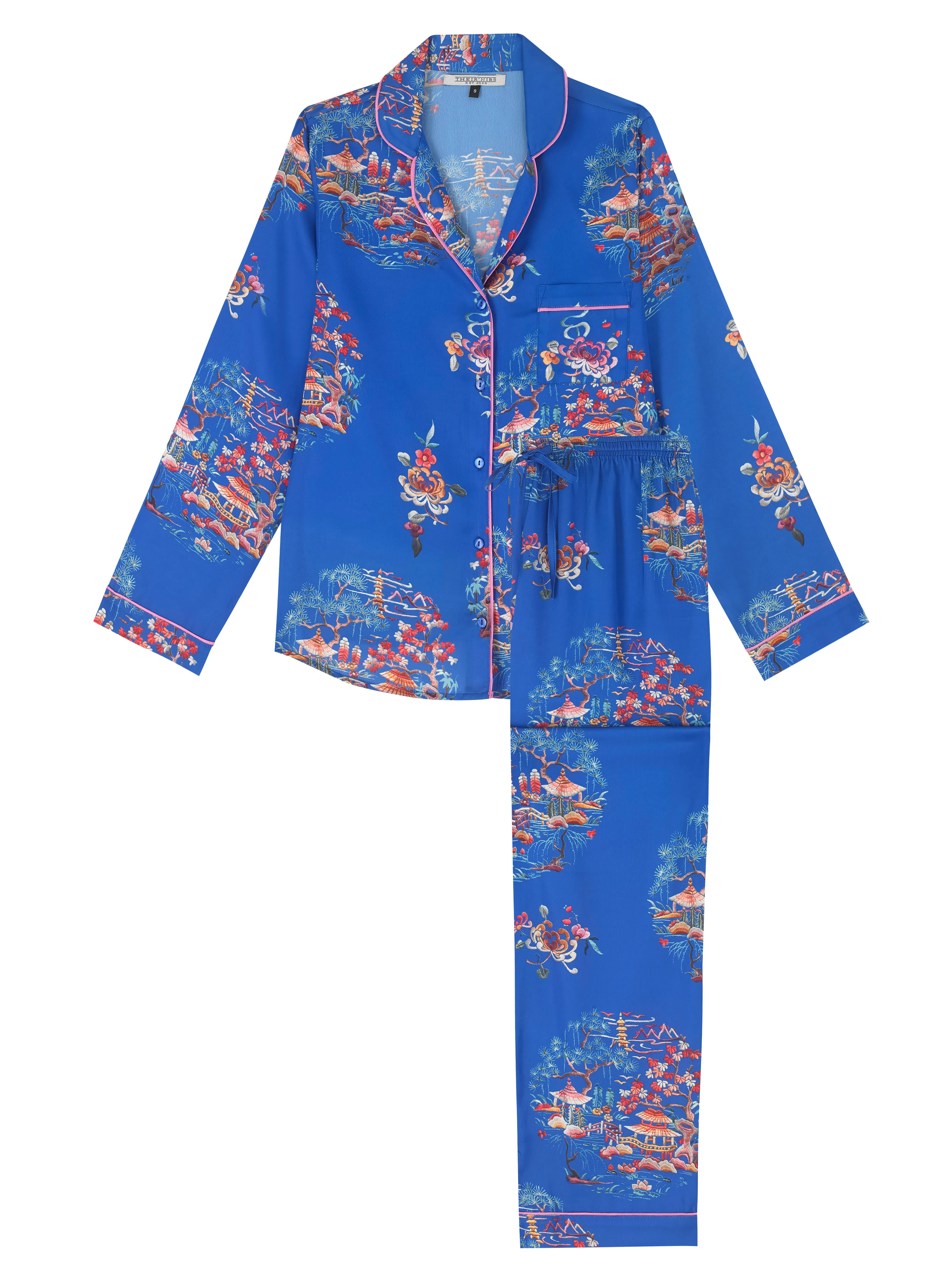 Womens Satin Traditional Pyjamas Cobalt Peace Garden