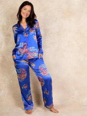 Womens Satin Traditional Pyjamas Cobalt Peace Garden