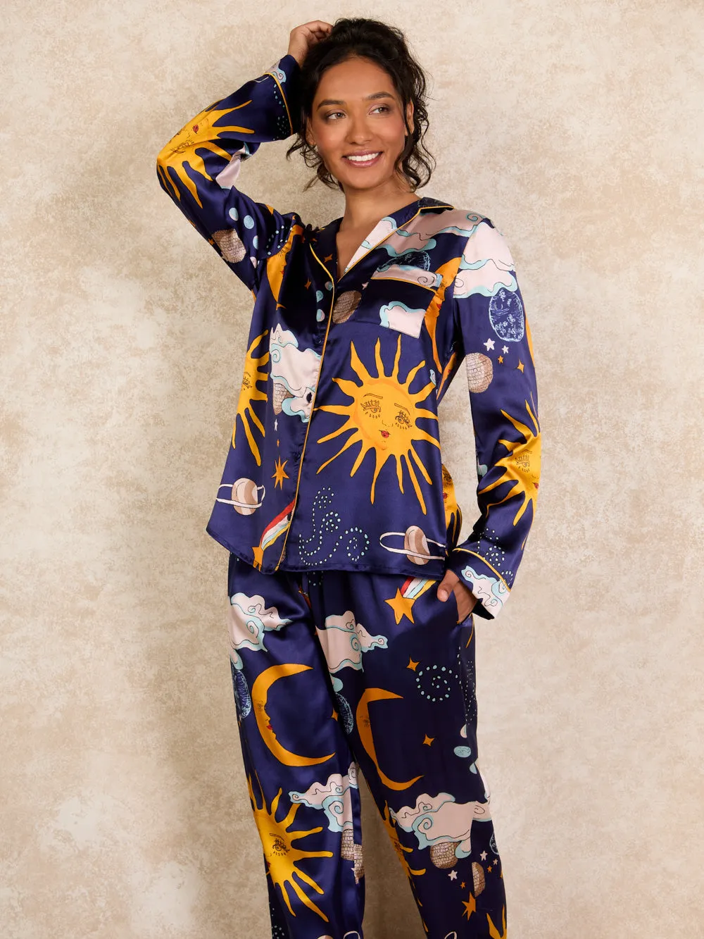 Womens Satin Traditional Pyjamas Disco Space