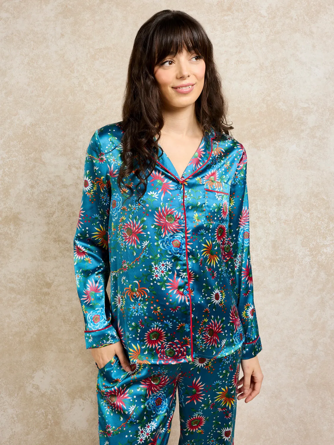 Womens Satin Traditional Pyjamas Firework Embroidery