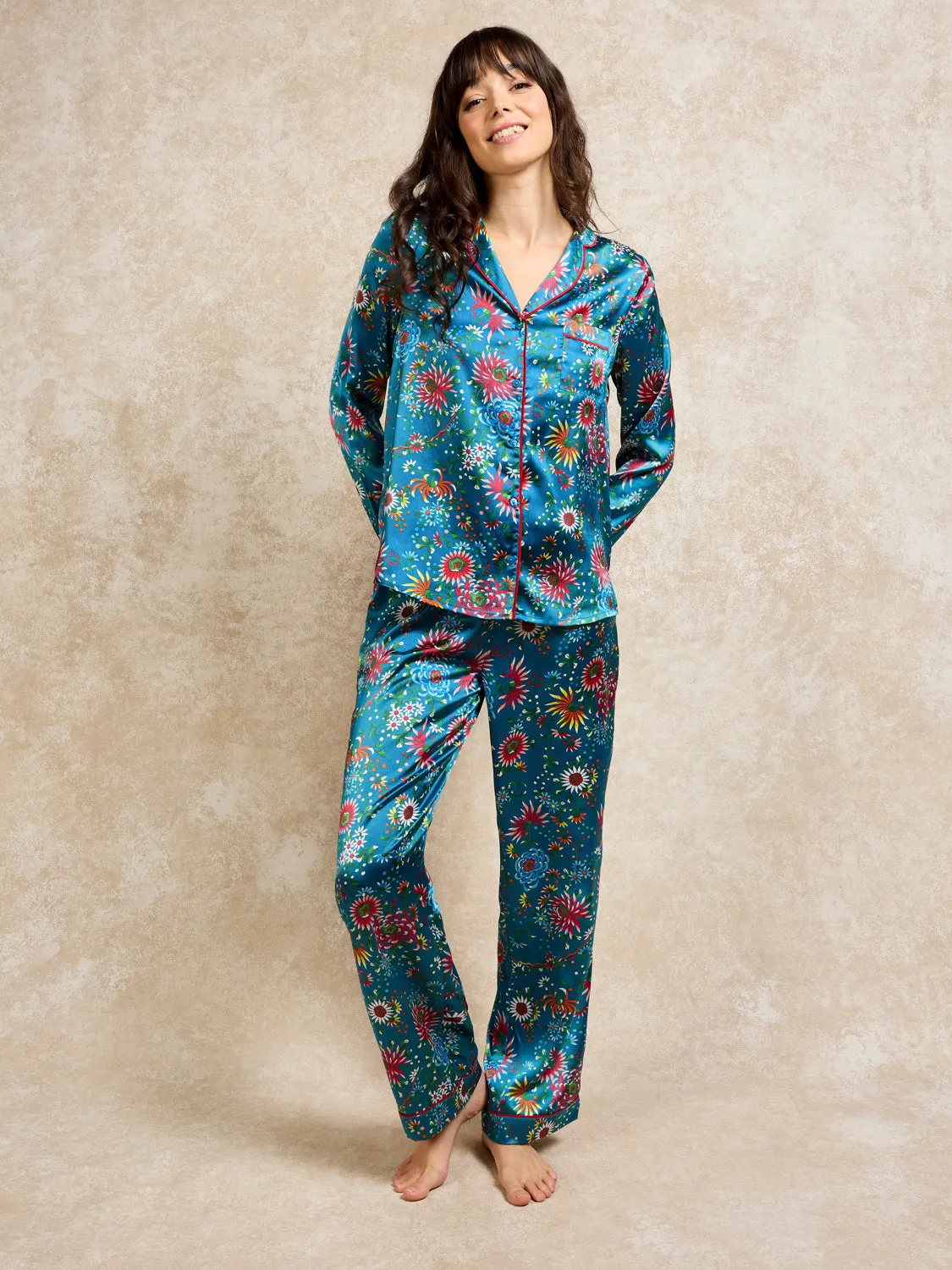 Womens Satin Traditional Pyjamas Firework Embroidery