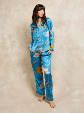 Womens Satin Traditional Pyjamas Light Blue Disco Space