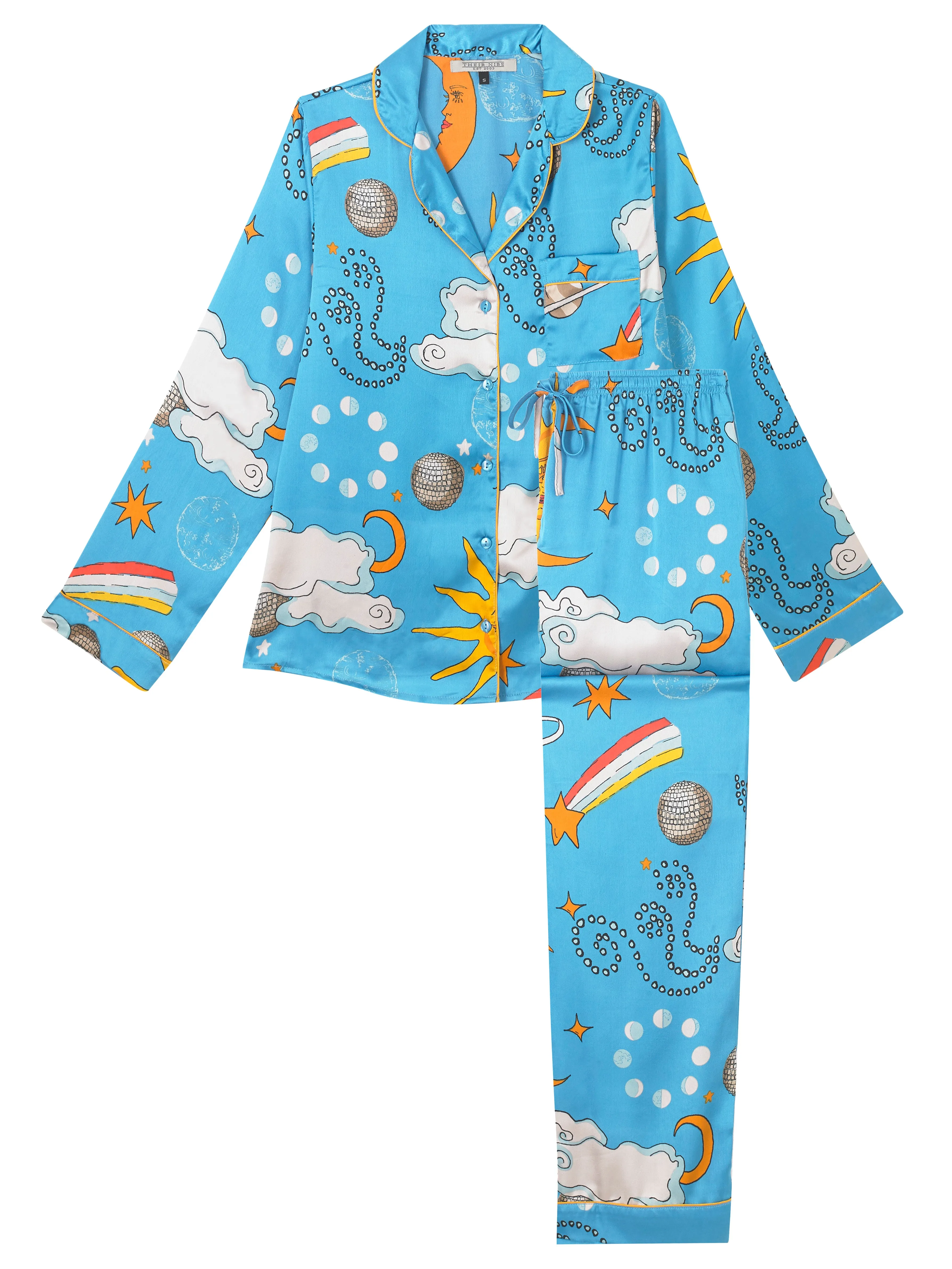 Womens Satin Traditional Pyjamas Light Blue Disco Space