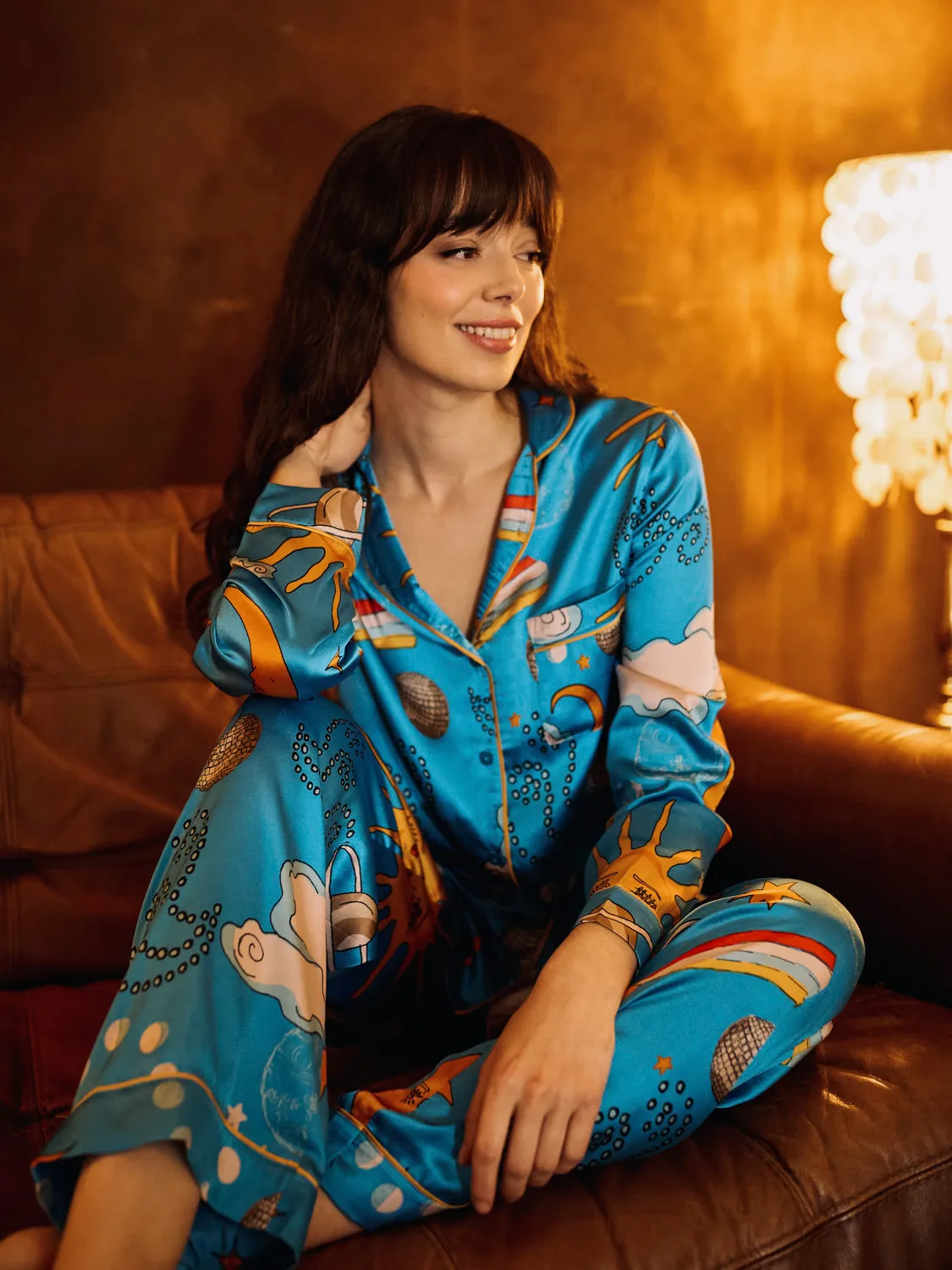 Womens Satin Traditional Pyjamas Light Blue Disco Space