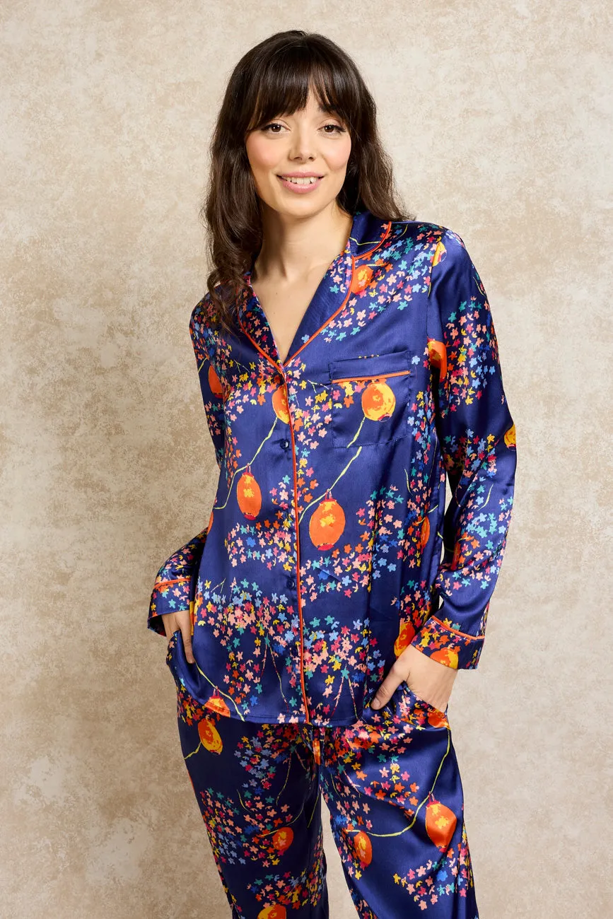 Womens Satin Traditional Pyjamas Navy Night Lanterns