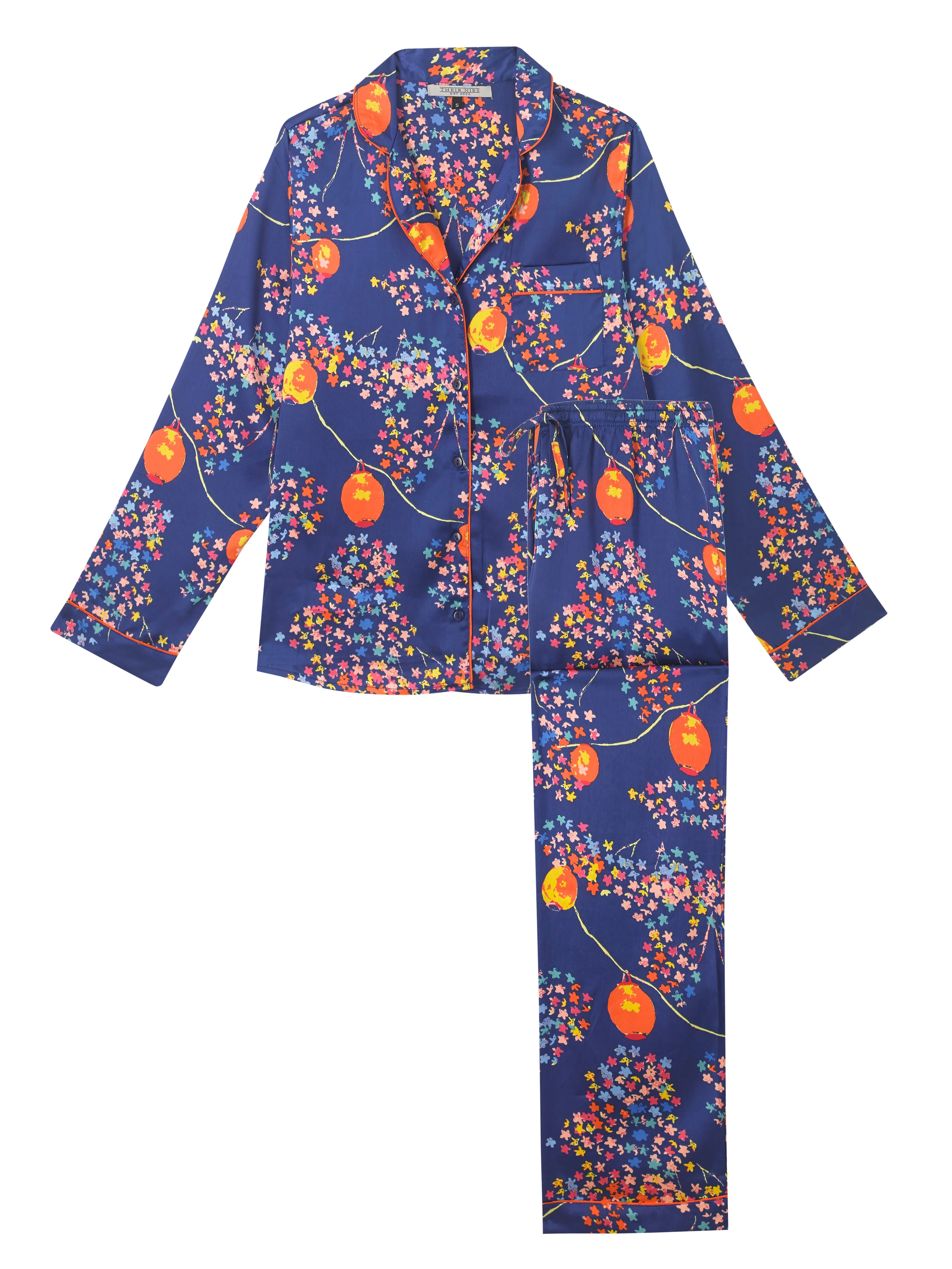 Womens Satin Traditional Pyjamas Navy Night Lanterns