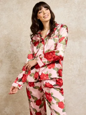 Womens Satin Traditional Pyjamas Red Red Rose