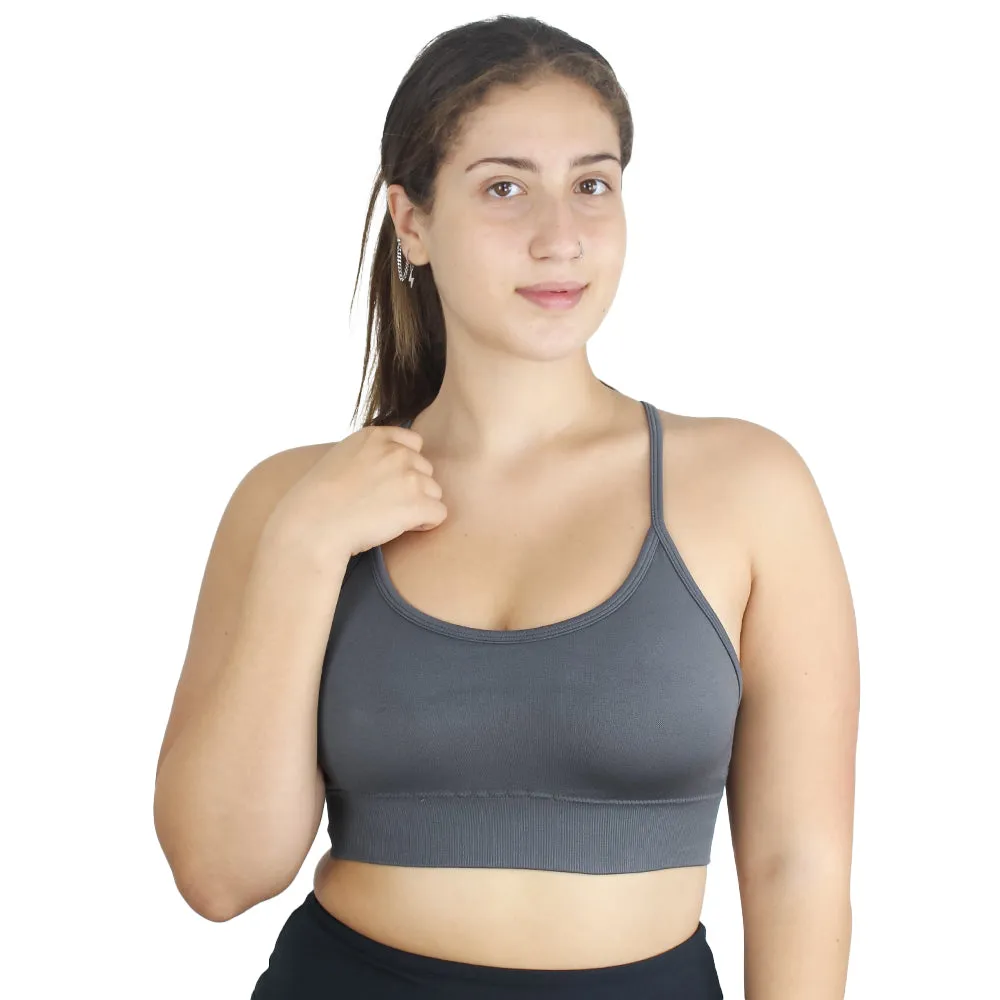 Women's Strappy Back Scoop Neck Sport Bra,Dark Grey