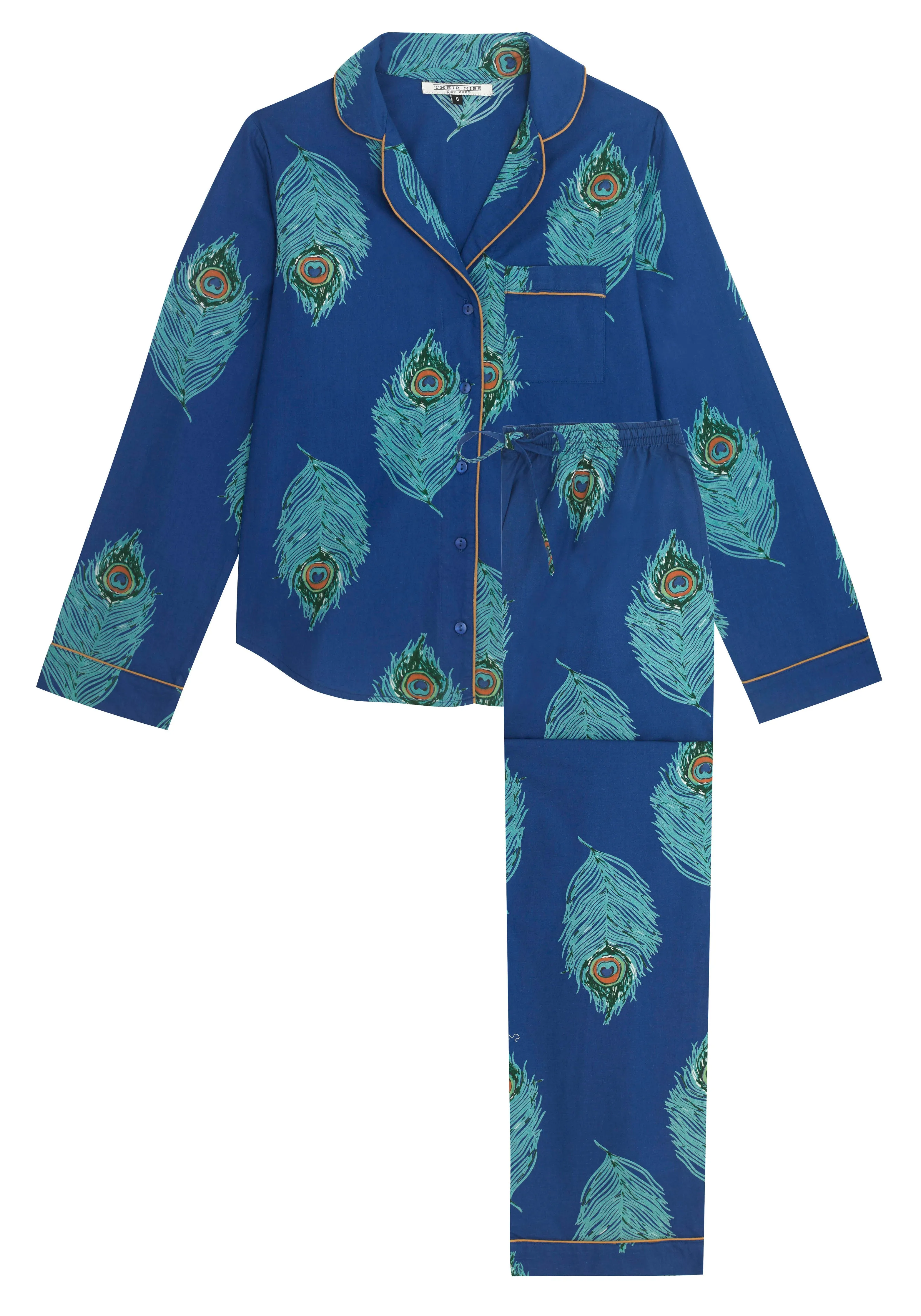 Womens Traditional Cotton Pyjamas Navy Peacock Feather