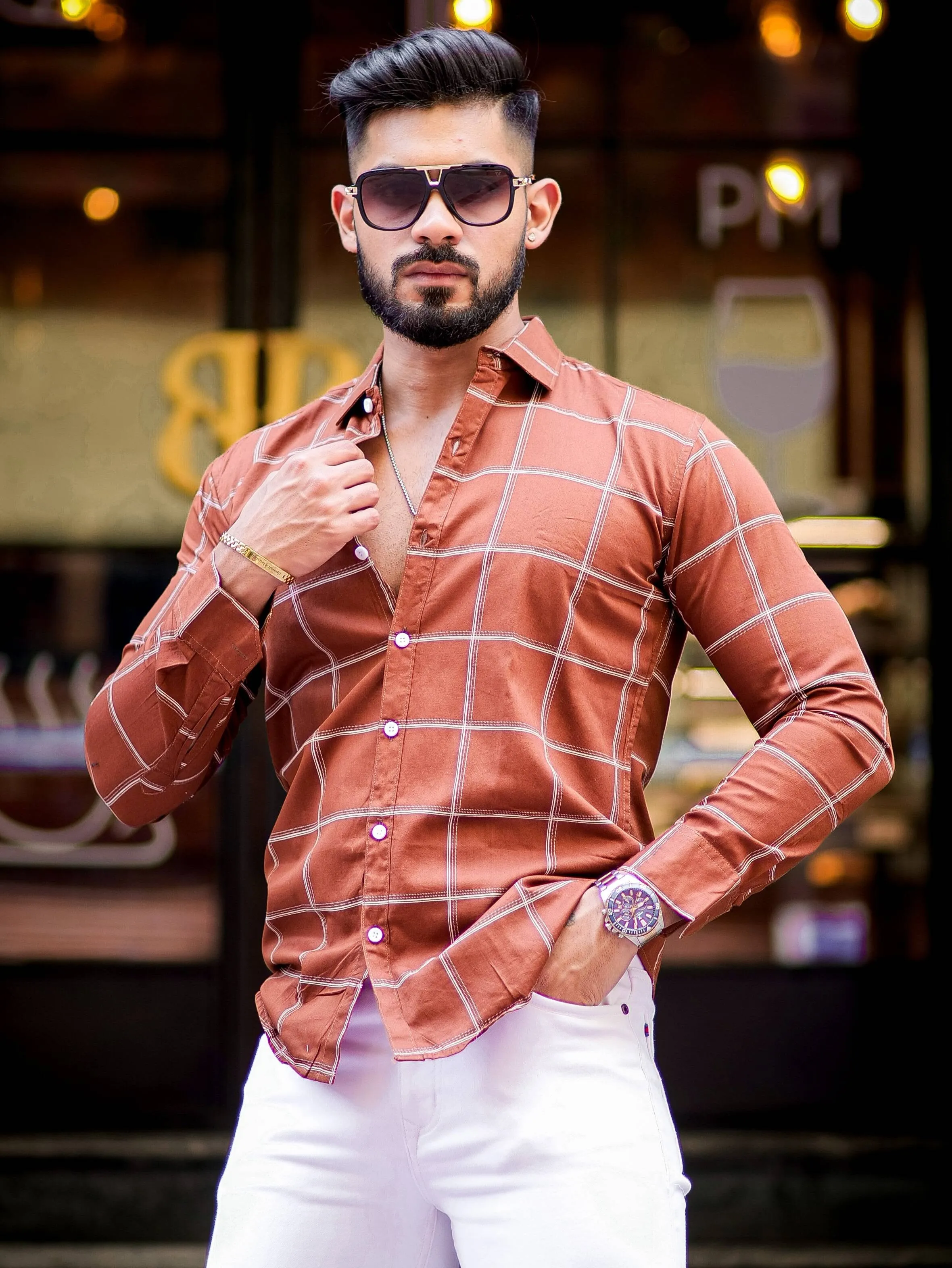 Wood Check Printed Cotton Shirt For Men's