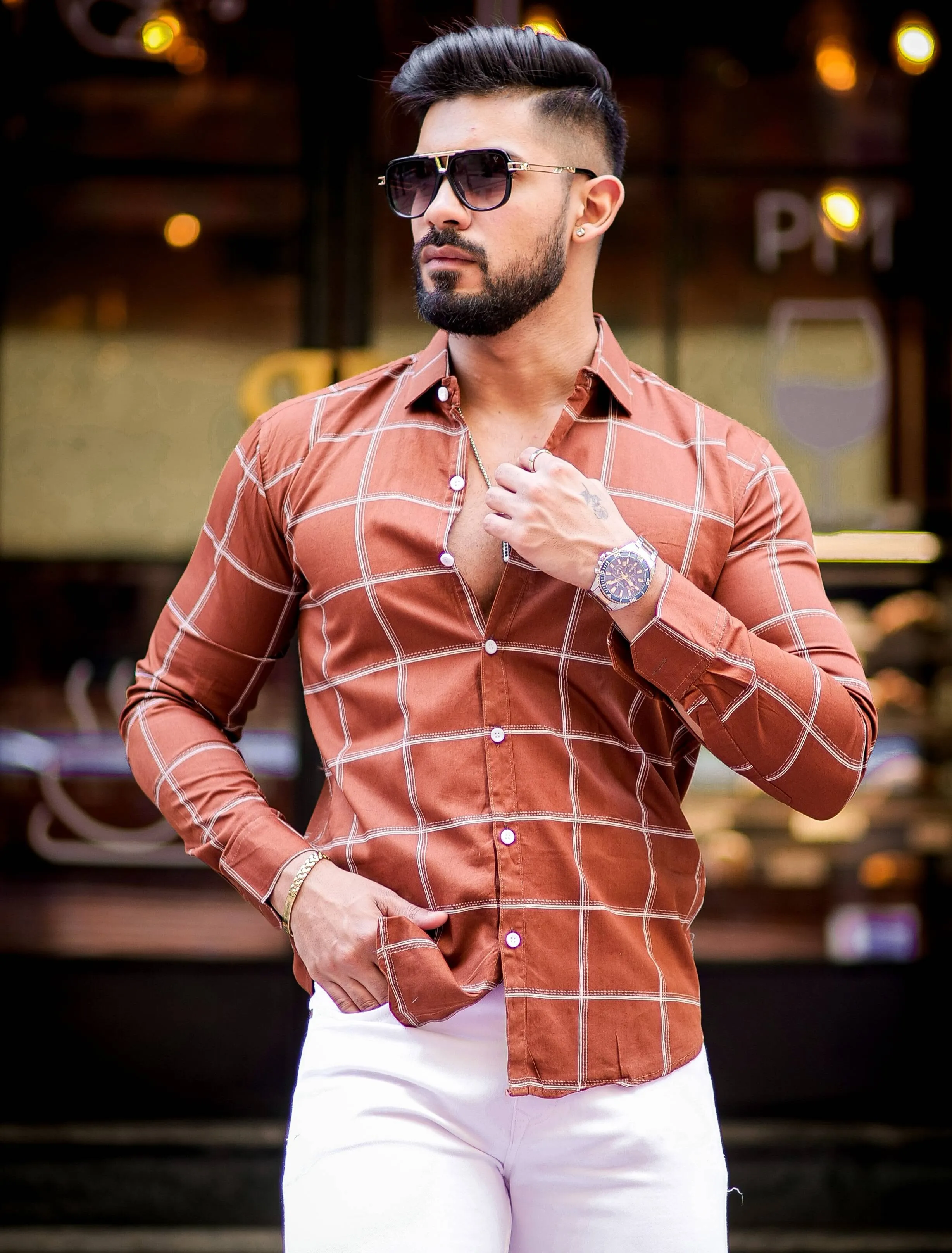 Wood Check Printed Cotton Shirt For Men's