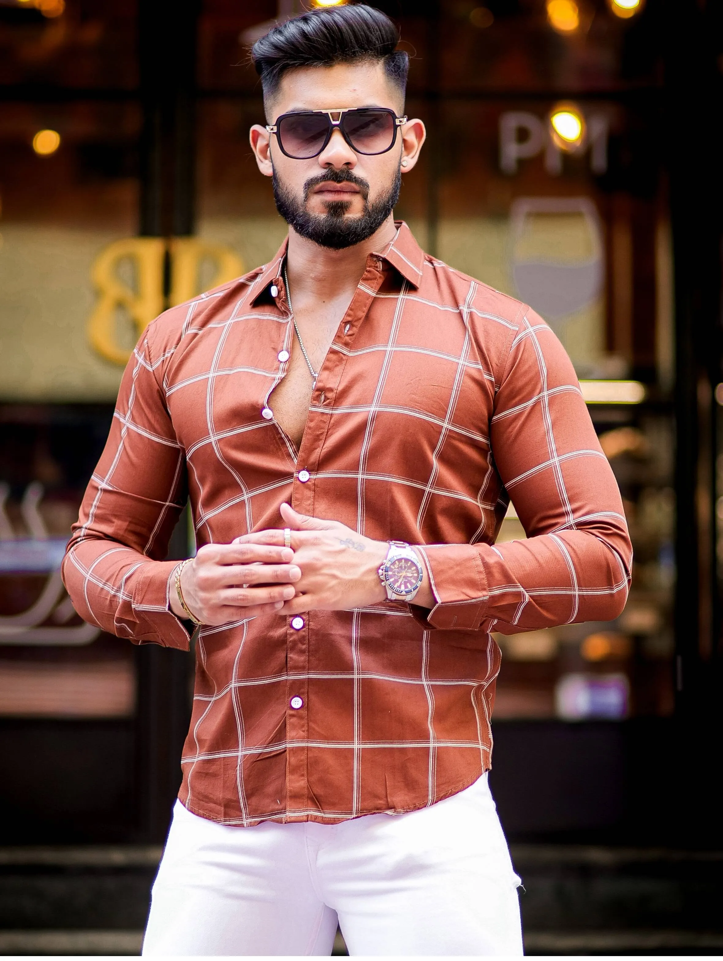 Wood Check Printed Cotton Shirt For Men's