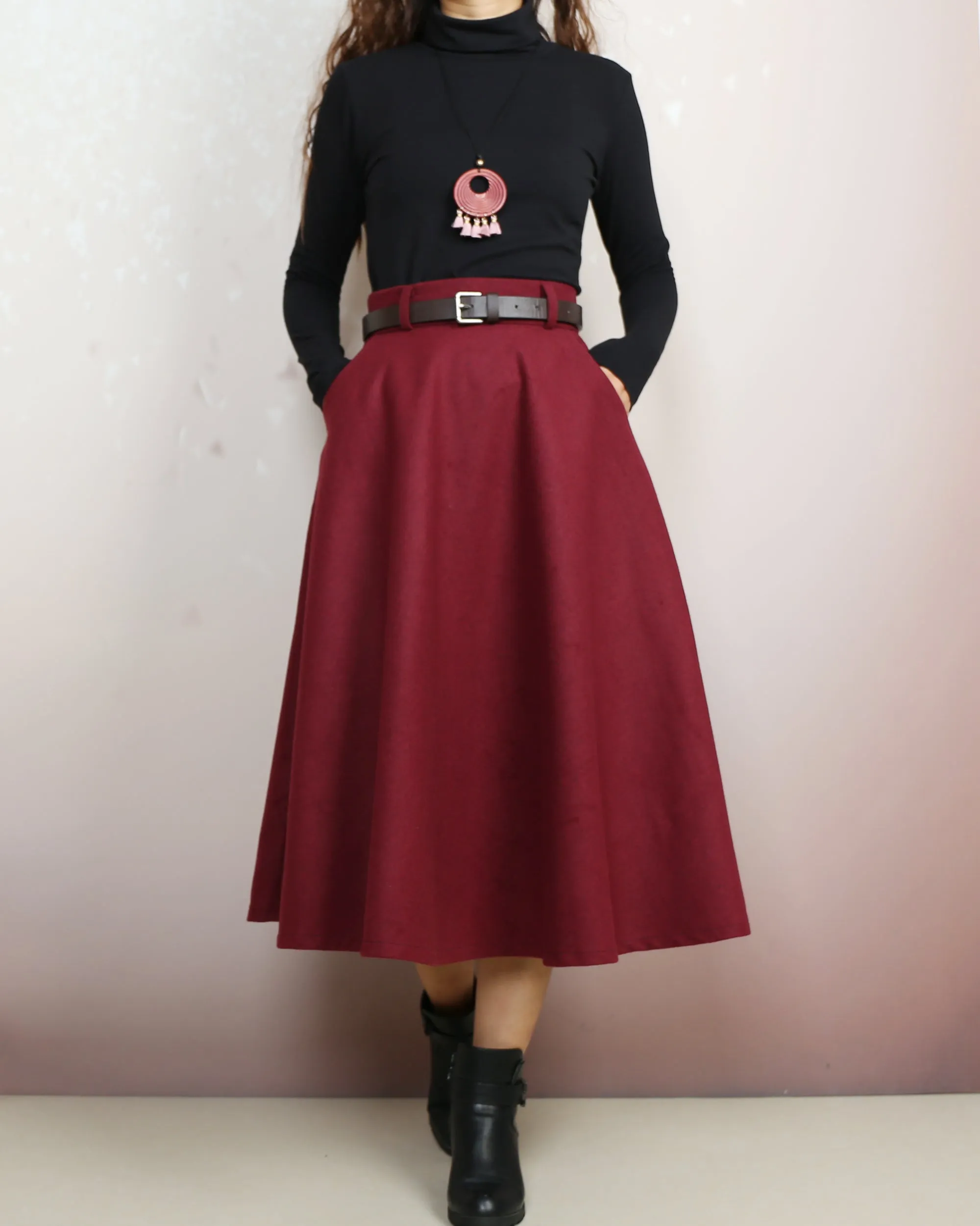 Wool skirt, Midi skirt, Winter skirt, Wool skirt with belt, custom made skirt, black skirt (Q2143)