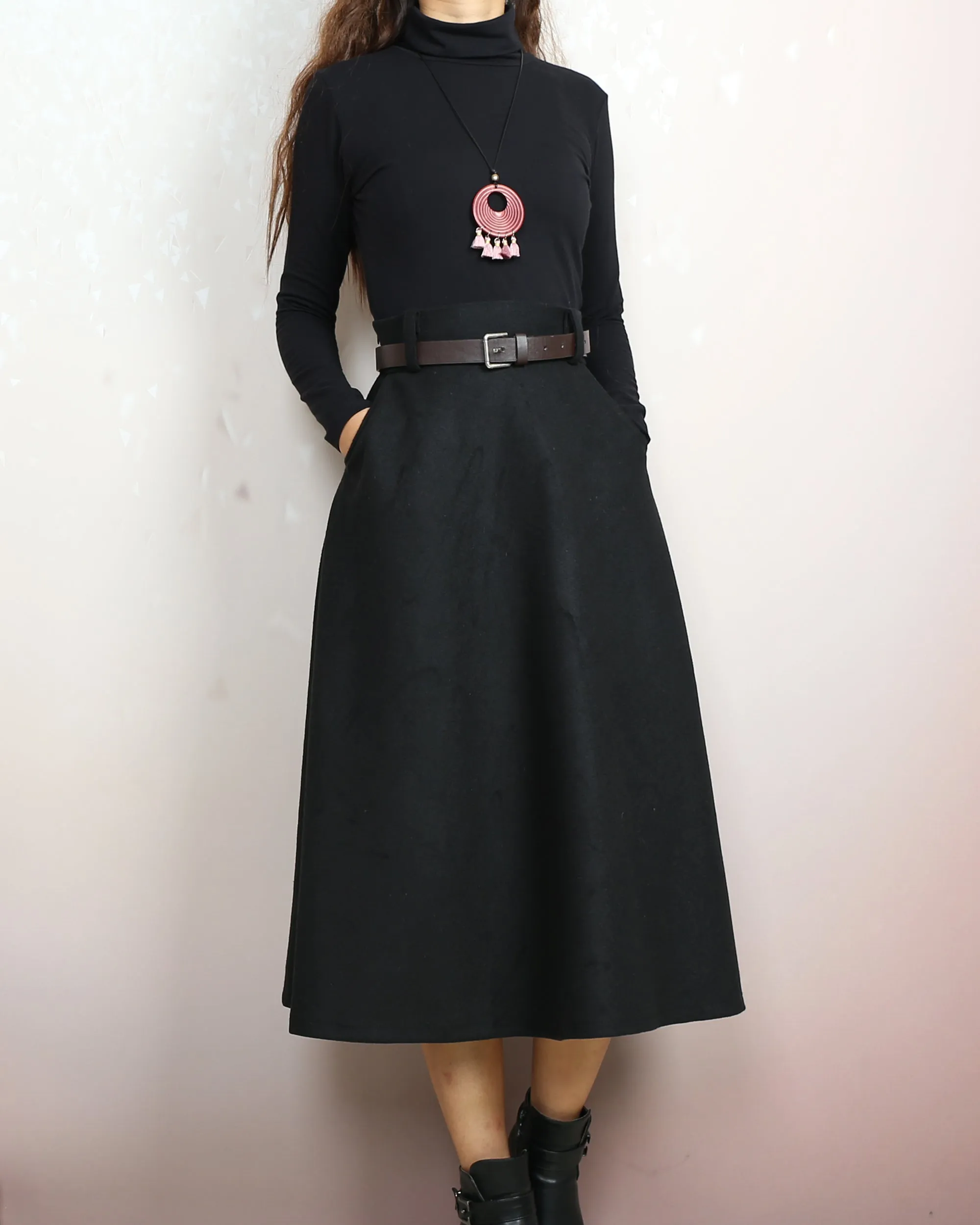 Wool skirt, Midi skirt, Winter skirt, Wool skirt with belt, custom made skirt, black skirt (Q2143)